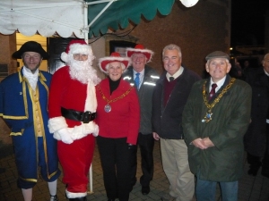 Lights on - Evesham Town Crier, Father Christmas, me, John, Shawn Riley and the Mayor of Evesham.