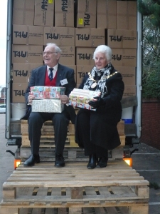 Bob and I with some shoe boxes already received for next week’s journey.